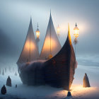 Viking-like ship with glowing lanterns on snowy twilight landscape