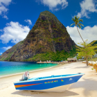 Fortified island with golden beaches and ships sailing under a surreal sky