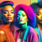 Three women with vibrant makeup and elaborate jewelry on colorful background