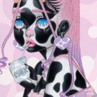 Digital Artwork: Woman with Pink and Black Dreadlocks, Polka-Dotted Cup, Checkered