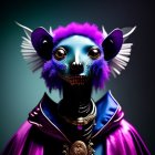 Vibrant ultraviolet portrait with animal mask, horns, feathers