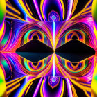 Symmetrical digital art: surreal faces, intricate patterns, neon colors