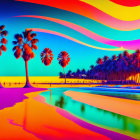 Colorful Psychedelic Landscape with Palm Trees and River