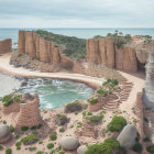 Coastal seascape digital painting: turquoise waters, orange cliffs, greenery, sandy beach,