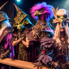 Intricate Creature Costumes with Skull-like Masks and Vibrant Feathers