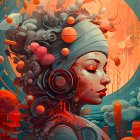 Colorful digital artwork: Woman with headphones in autumn setting