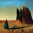 Surrealist painting with three robed figures in a desert