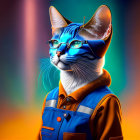 Anthropomorphic cat in safety goggles and work suit against industrial backdrop