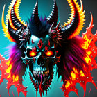 Vibrant skull with horns, glowing eyes, and flaming wings on dark background