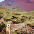 Majestic llama on flower-speckled hill with snow-capped mountain