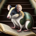 Realistic illustration: Mouse on open book with stacks of books