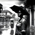 Woman with Blue Umbrella on Rainy Street with Reflections