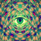 Fractal image with central eye and psychedelic patterns in blue, orange, green.