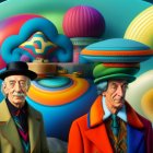 Stylized gentlemen with mustaches and hats against abstract swirling background