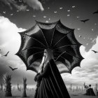 Monochrome image of a styled woman with large ornate umbrella and flying birds.