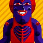 Colorful stylized figure with blue skin and red details on whimsical yellow-striped background.