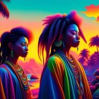 Colorful illustration: Tribal characters with dreadlocks on neon-lit beach