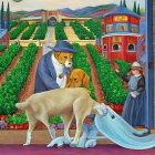 Man in Top Hat with Child and Dog in Vineyard Setting with Buildings