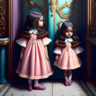 Two girls in pink dresses and boots in corridor with blue walls and fallen leaves