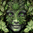 Colorful illustration of mystical being with leafy mask and purple eyes in lush green foliage