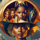 Stylized portraits of a woman with futuristic golden headgear and aircraft reflections