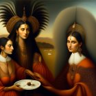 Vibrant digital art: Three figures in Native American attire amidst mystical landscape