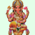 Colorful artistic depiction of Hindu deity Ganesha with four arms and intricate jewelry.