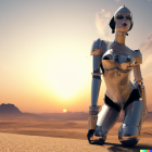 Humanoid robot reflecting by misty lake at sunset