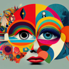 Vibrant psychedelic art: eyes in circular patterns with vehicles, landscapes, and abstract shapes.