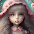 Doll-like character with expressive eyes and rose-themed attire