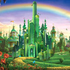 Fantastical cityscape with green crystal spires under rainbow and celestial bodies