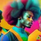 Vibrant multicolored afro hairstyles on three individuals against gradient background