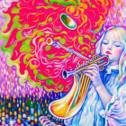 Colorful woman playing trumpet in vibrant abstract backdrop