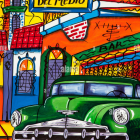 Colorful Street Scene Painting with Classic Green Car and Whimsical Signs