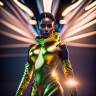 Futuristic golden female android with ornate headdress and armor on abstract dark background