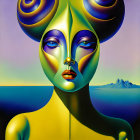 Surrealist portrait with exaggerated features against ocean and mountain backdrop