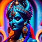 Colorful surreal portrait of figure with blue skin in ornate costume and mythical headdress.