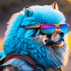 Blue-furred dog in sunglasses with backpack in orange outdoor scene