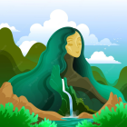 Colorful illustration: Woman with green hair in whimsical landscape & stylized mountain under pastel sky