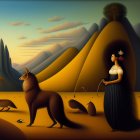 Woman with flowers and large fox in surreal desert landscape with pyramids and crescent moon