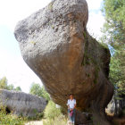 Giant furry blue-faced creature overlooking tiny landscape with houses and trees