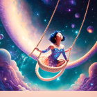 Illustration of woman on crescent moon swing in cosmic sky