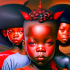 Stylized children with large eyes and afros on red-otherworldly backdrop