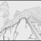 Grayscale illustration of lush hill, houses, lake & distant land