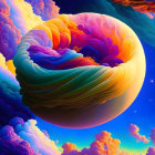 Colorful Psychedelic Landscape with Swirling Patterns in Blues, Oranges, and Purples