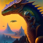 Fantasy illustration of woman with elfin features and blue dragon in amber-hued setting