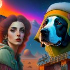 Woman and anthropomorphic dog in hooded cloaks at vibrant sunset.