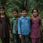 Four women in blue-tinted skin and traditional outfits in lush jungle setting