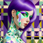 Vibrant digital artwork: woman with purple hair, geometric skin, multicolored abstract background