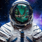 Dinosaur in Astronaut Suit Surrounded by Galaxies and Planets